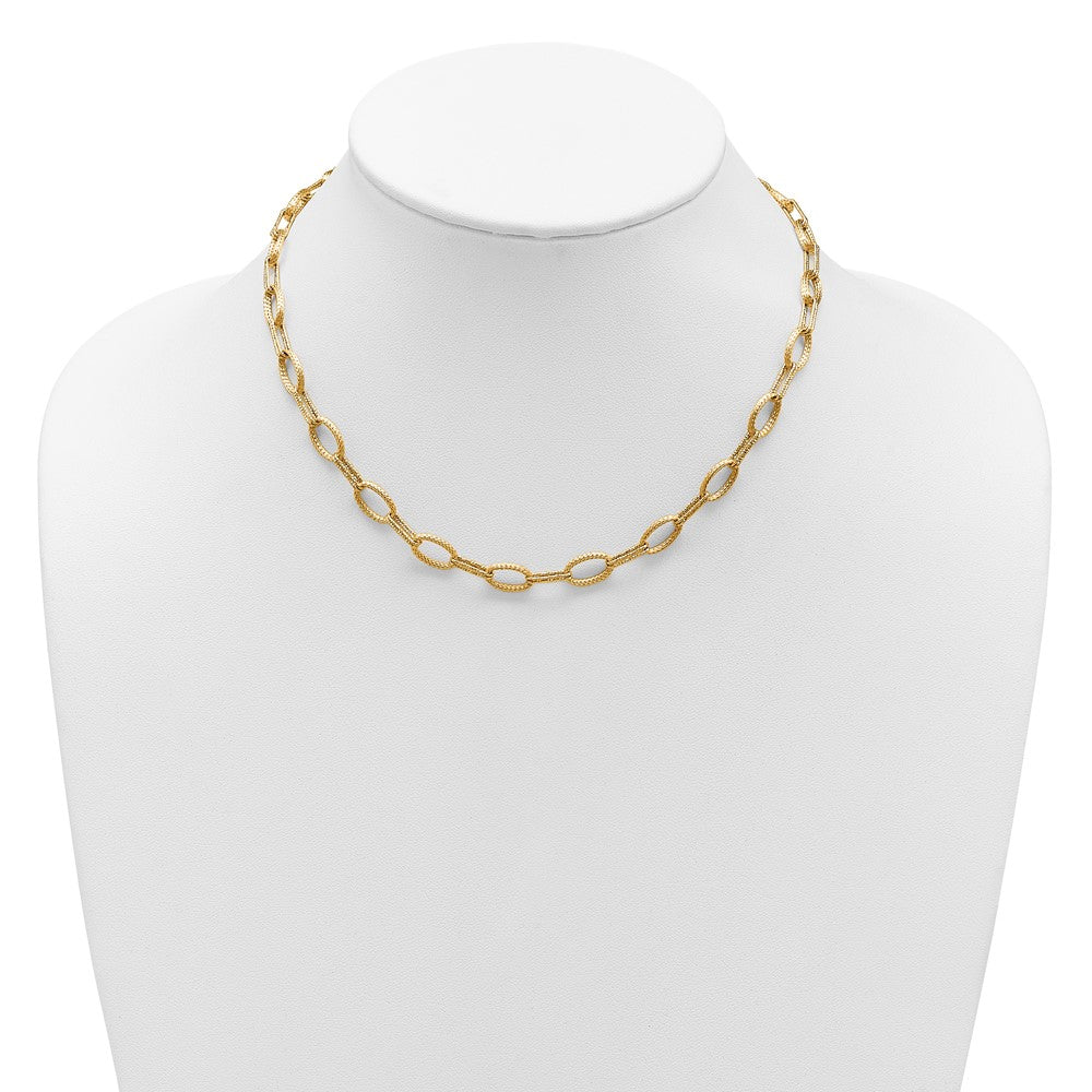 14K Yellow Gold Polish/Texture/Dia Cut Fancy Oval Link Necklace