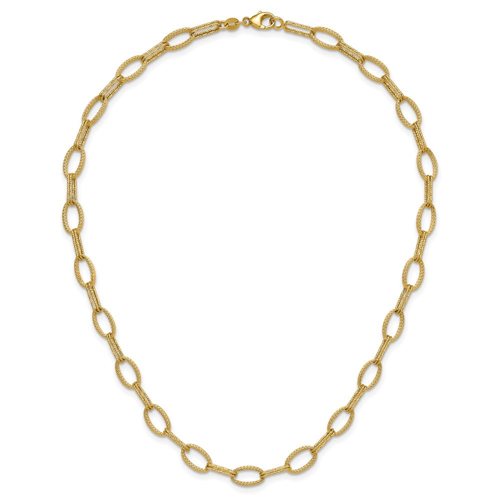 14K Yellow Gold Polish/Texture/Dia Cut Fancy Oval Link Necklace