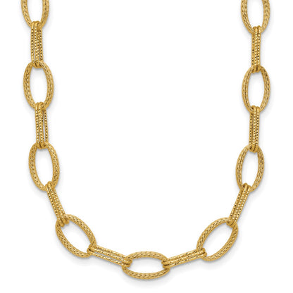 14K Yellow Gold Polish/Texture/Dia Cut Fancy Oval Link Necklace