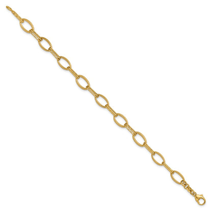 14K Yellow Gold Polish/Texture/Dia Cut Fancy Oval Link Bracelet
