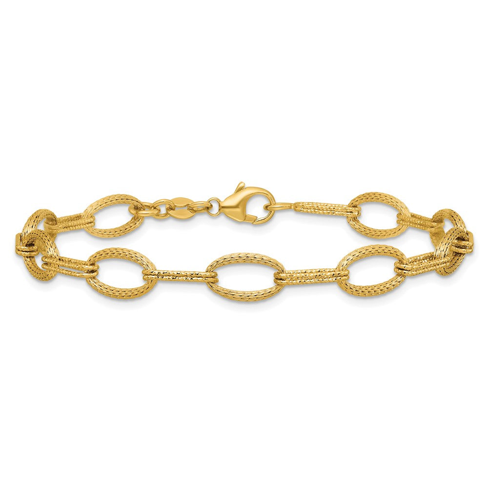 14K Yellow Gold Polish/Texture/Dia Cut Fancy Oval Link Bracelet