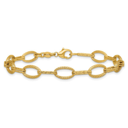 14K Yellow Gold Polish/Texture/Dia Cut Fancy Oval Link Bracelet