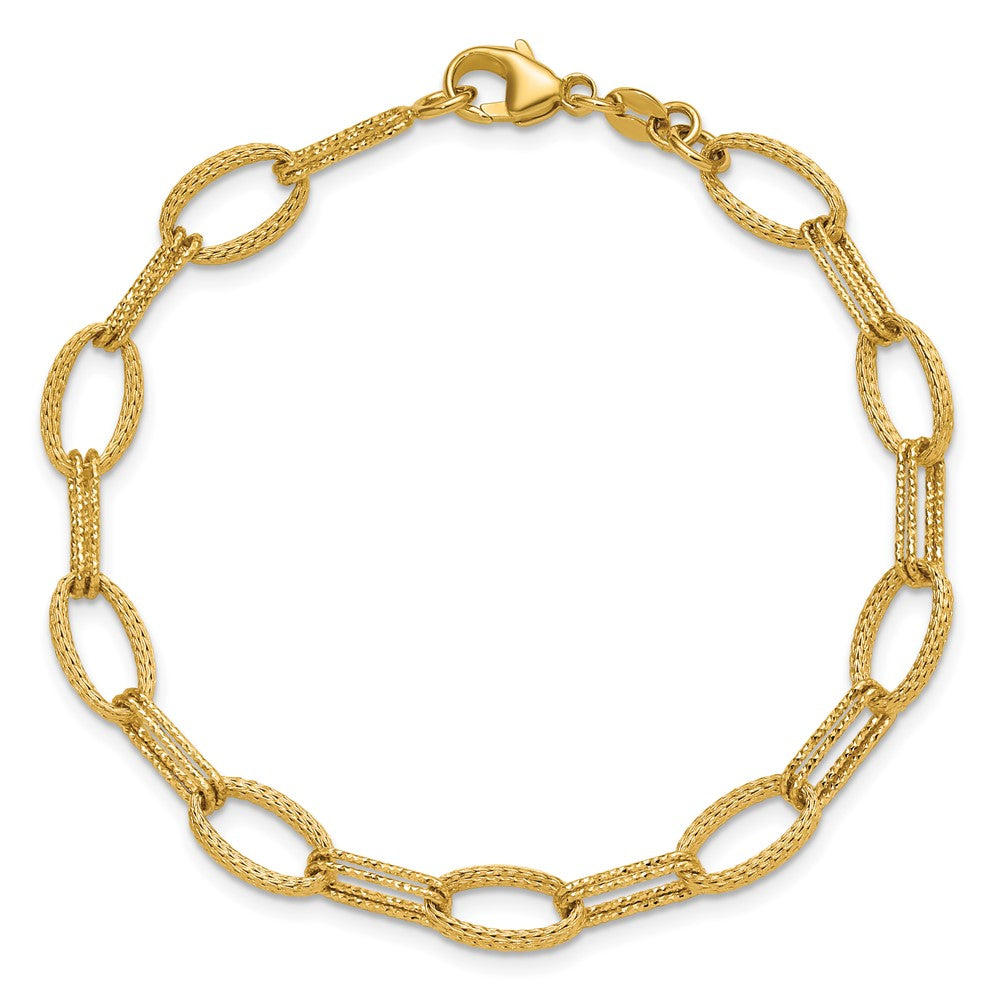 14K Yellow Gold Polish/Texture/Dia Cut Fancy Oval Link Bracelet