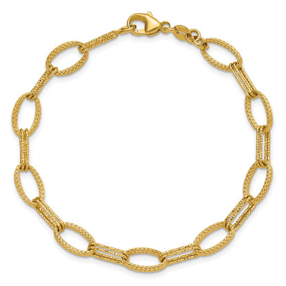 14K Yellow Gold Polish/Texture/Dia Cut Fancy Oval Link Bracelet