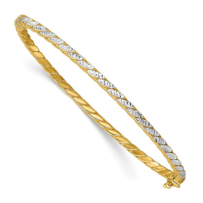 14K Yellow & Rhodium Polished And Diamond Cut Hinged Bangle