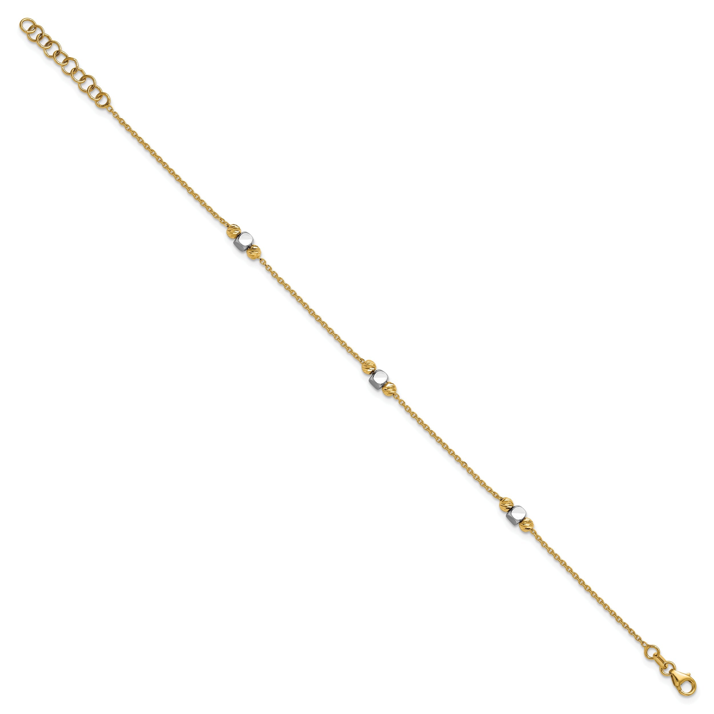 14K Two Tone Polished / Dia Cut Beads 1In Ext. Bracelet