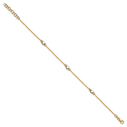 14K Two Tone Polished / Dia Cut Beads 1In Ext. Bracelet