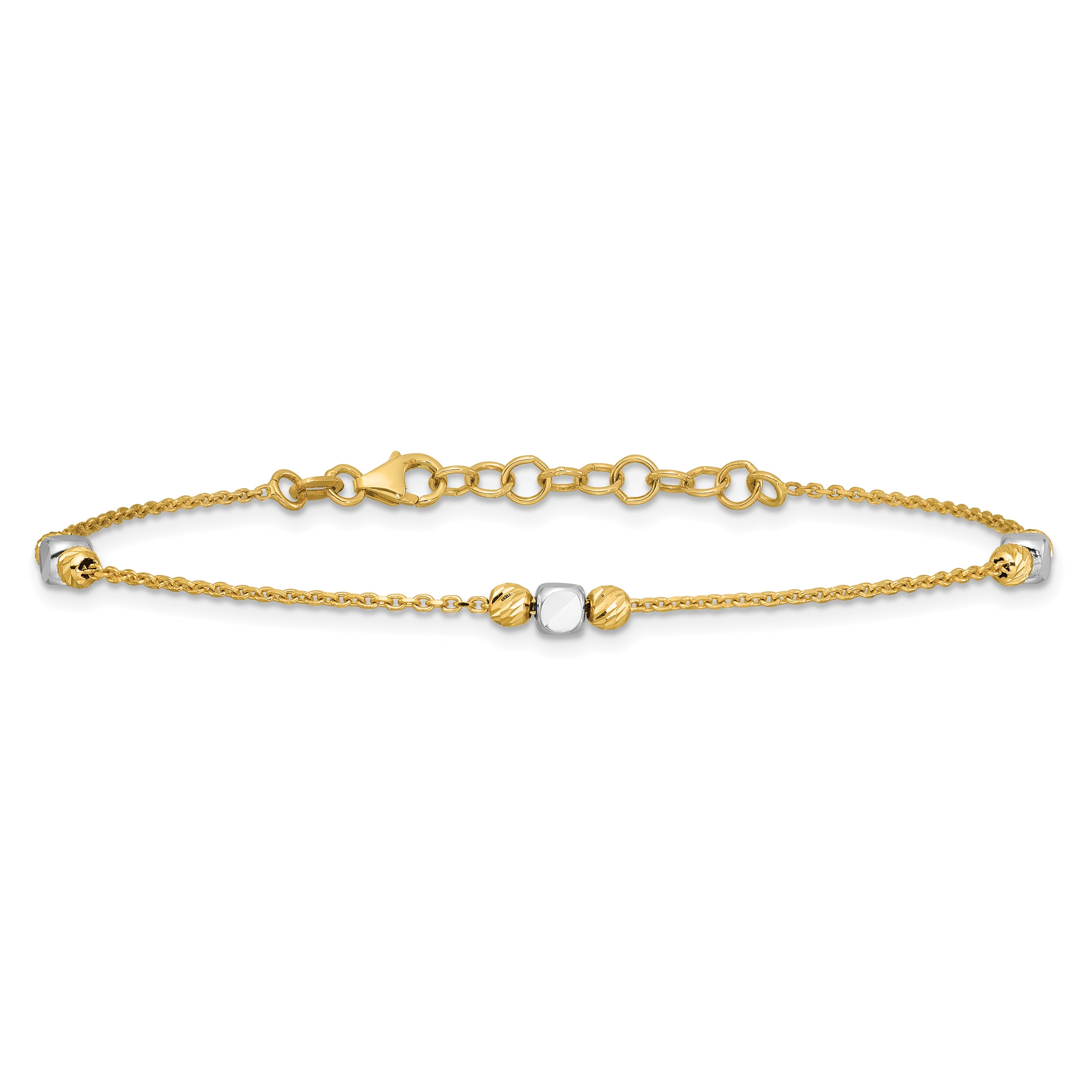 14K Two Tone Polished / Dia Cut Beads 1In Ext. Bracelet