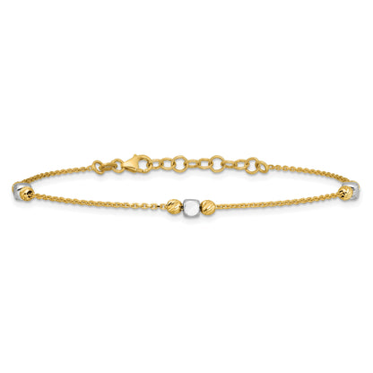 14K Two Tone Polished / Dia Cut Beads 1In Ext. Bracelet