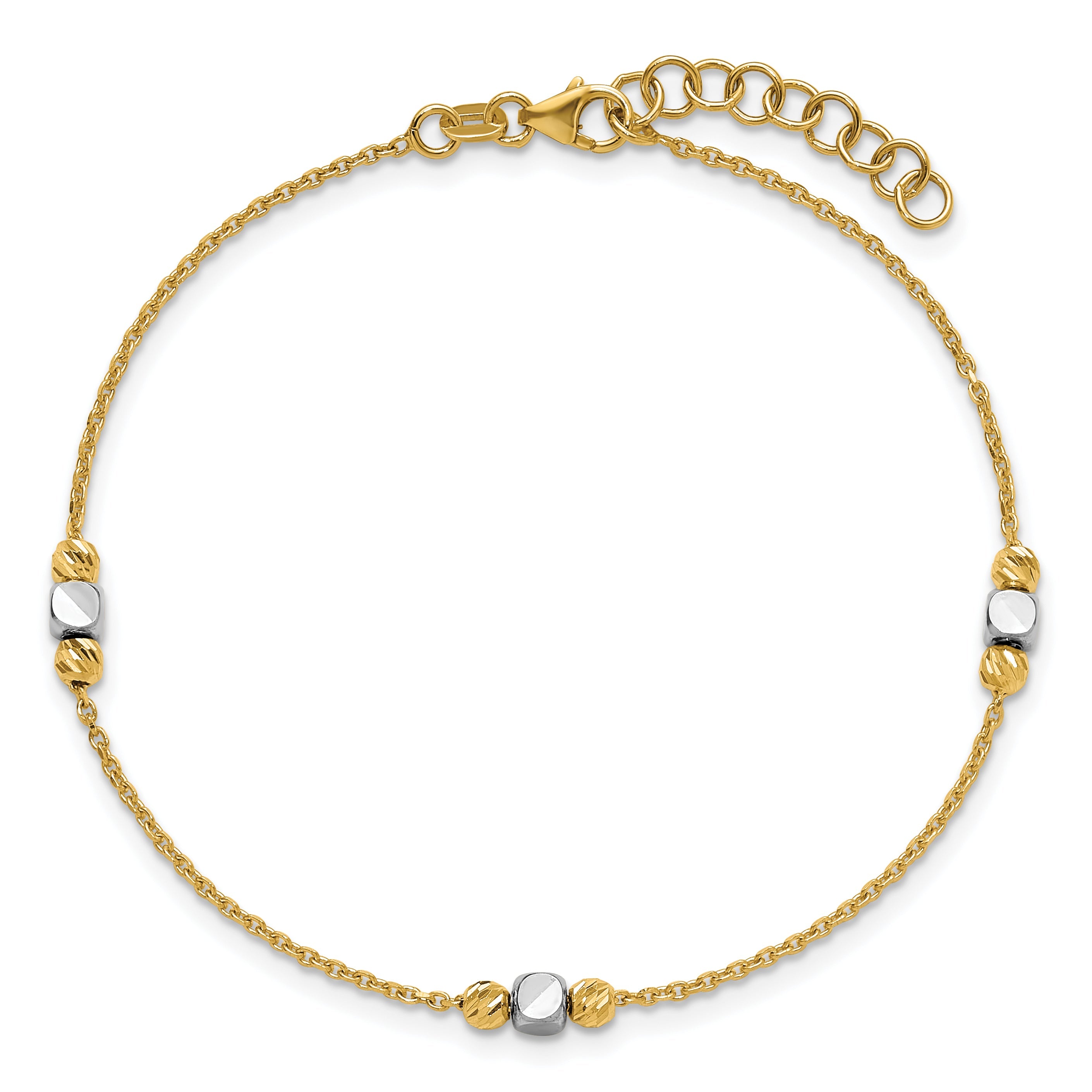 14K Two Tone Polished / Dia Cut Beads 1In Ext. Bracelet