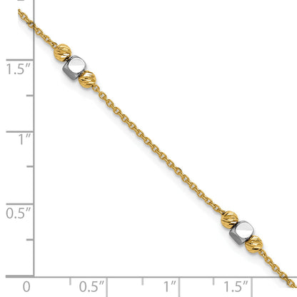 14K Two Tone Polished / Dia Cut Beads 1In Ext. Bracelet