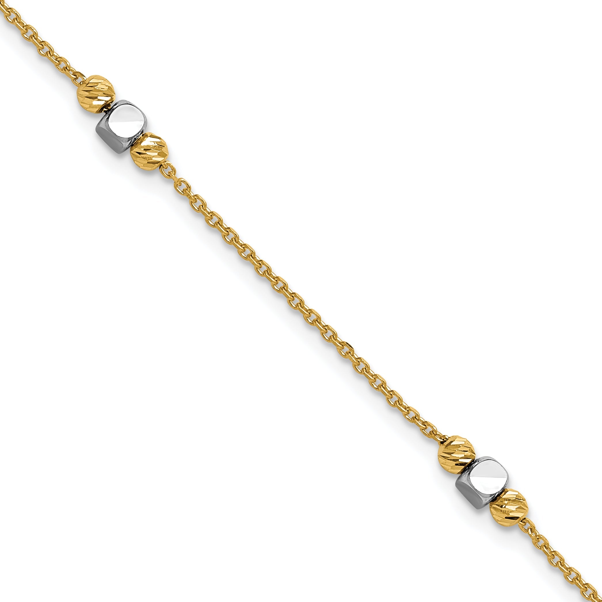 14K Two Tone Polished / Dia Cut Beads 1In Ext. Bracelet