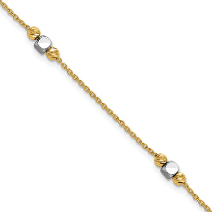 14K Two Tone Polished / Dia Cut Beads 1In Ext. Bracelet