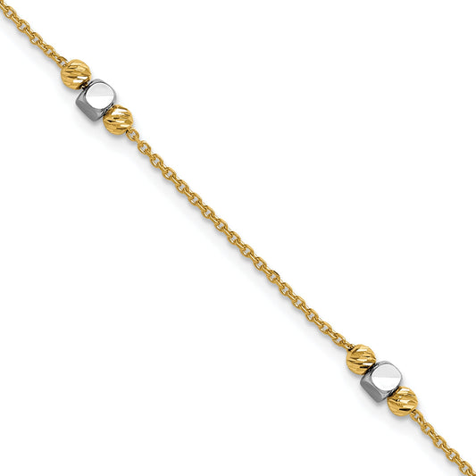 14K Two Tone Polished / Dia Cut Beads 1In Ext. Bracelet