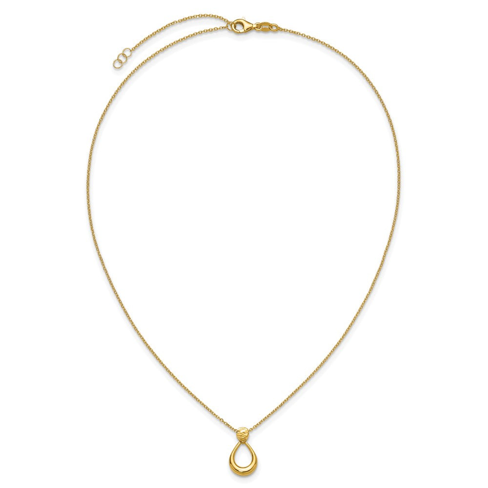 14K Yellow Gold Polished / Dia Cut Open Teardrop 2In Ext. Necklace
