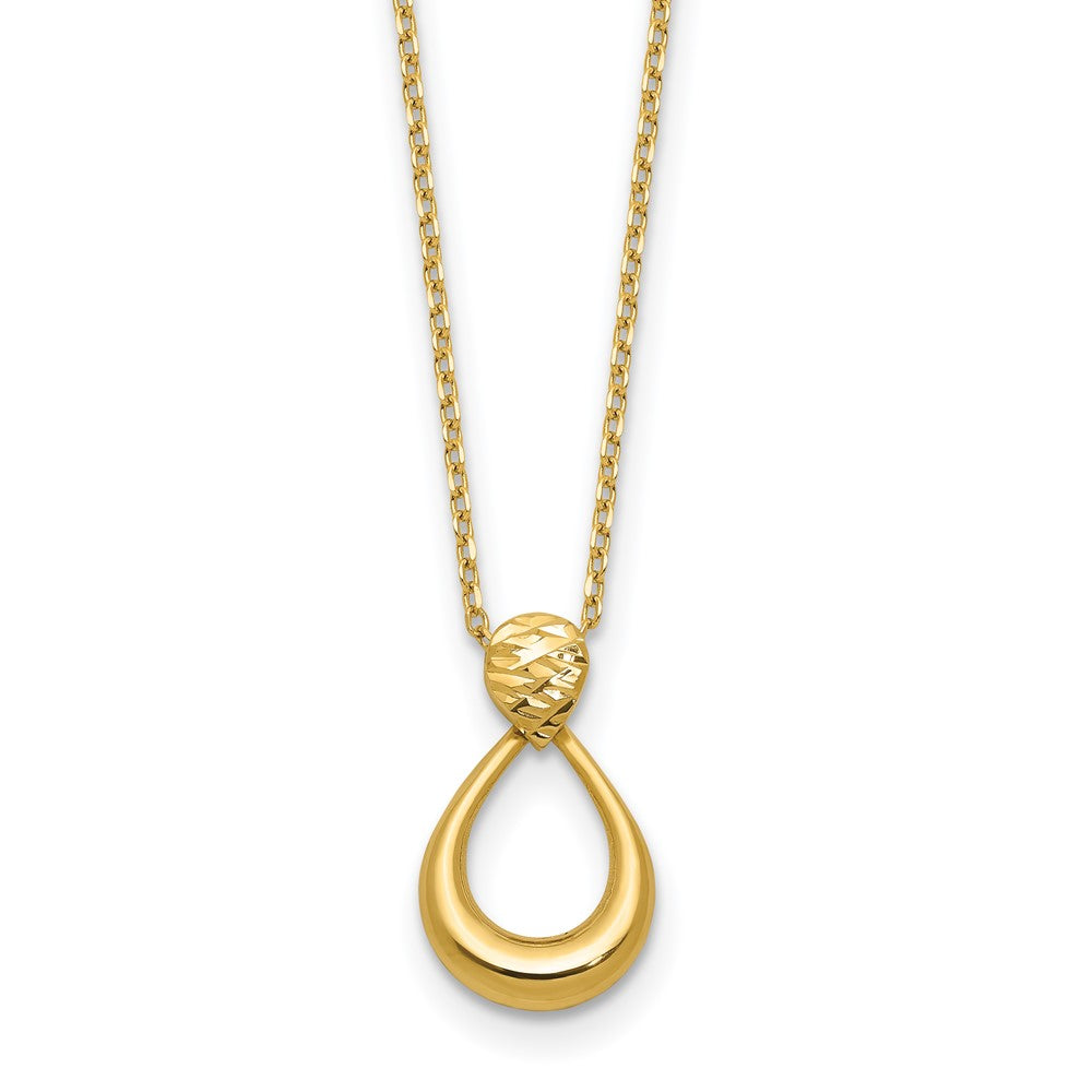 14K Yellow Gold Polished / Dia Cut Open Teardrop 2In Ext. Necklace