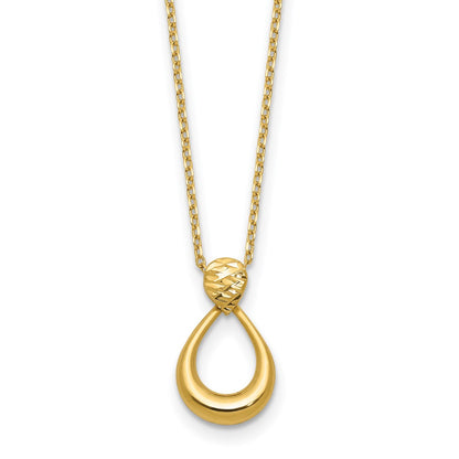 14K Yellow Gold Polished / Dia Cut Open Teardrop 2In Ext. Necklace