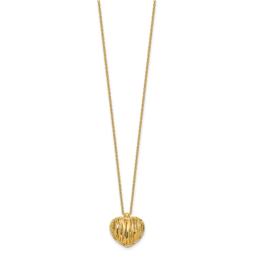 14K Yellow Gold Polished / Dia Cut Puffed Heart 2In Ext. Necklace