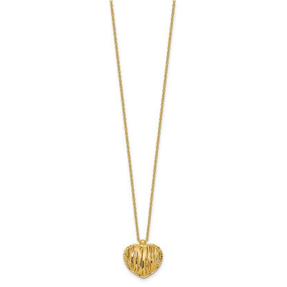 14K Yellow Gold Polished / Dia Cut Puffed Heart 2In Ext. Necklace