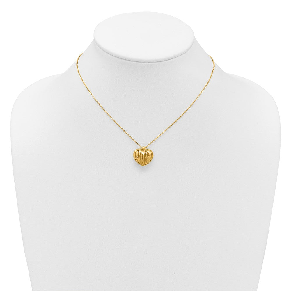 14K Yellow Gold Polished / Dia Cut Puffed Heart 2In Ext. Necklace
