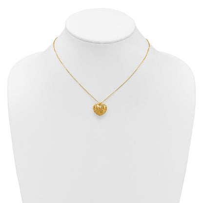 14K Yellow Gold Polished / Dia Cut Puffed Heart 2In Ext. Necklace
