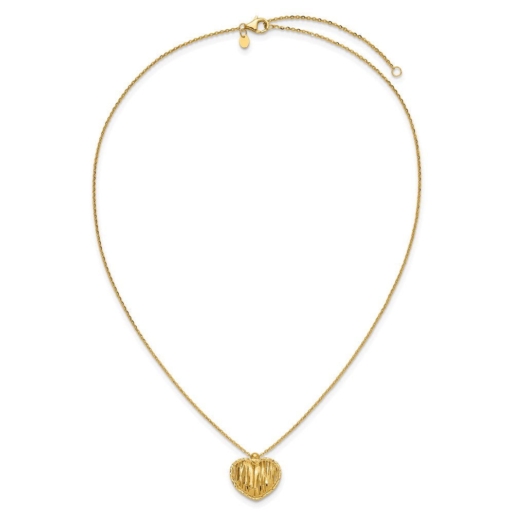 14K Yellow Gold Polished / Dia Cut Puffed Heart 2In Ext. Necklace