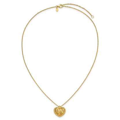 14K Yellow Gold Polished / Dia Cut Puffed Heart 2In Ext. Necklace