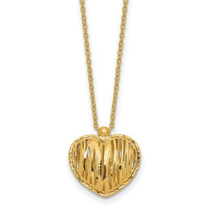 14K Yellow Gold Polished / Dia Cut Puffed Heart 2In Ext. Necklace