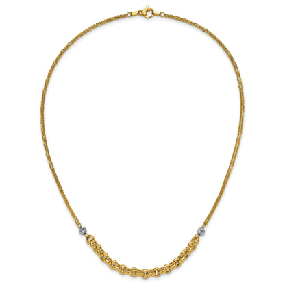 14K Yellow & Rhodium White Rh Polished D/C 2 Strand Rolo Link Necklace