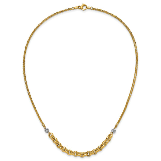14K Yellow & Rhodium White Rh Polished D/C 2 Strand Rolo Link Necklace