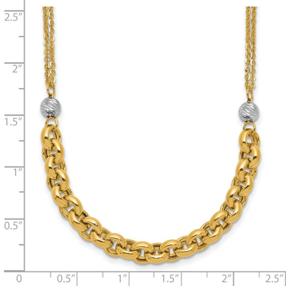 14K Yellow & Rhodium White Rh Polished D/C 2 Strand Rolo Link Necklace