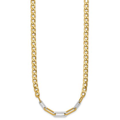 14K Yellow & Rhodium White Rh Polished Curb And Paperclip Link Necklace