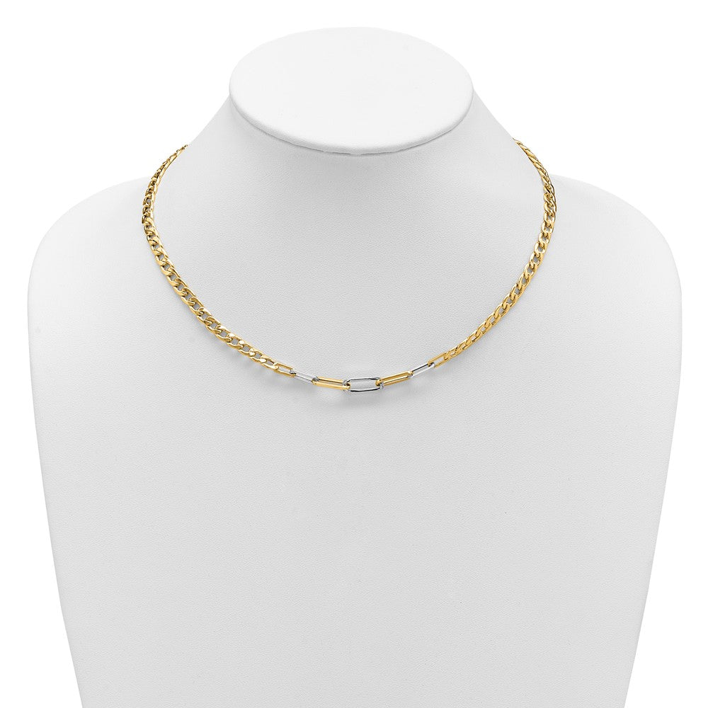 14K Yellow & Rhodium White Rh Polished Curb And Paperclip Link Necklace