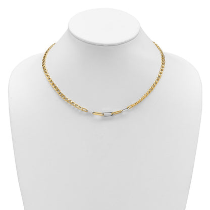 14K Yellow & Rhodium White Rh Polished Curb And Paperclip Link Necklace