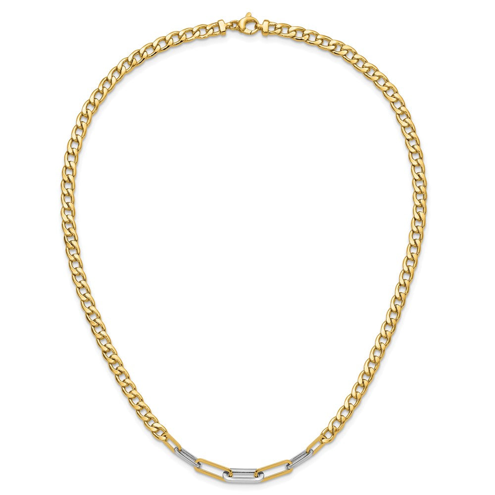 14K Yellow & Rhodium White Rh Polished Curb And Paperclip Link Necklace