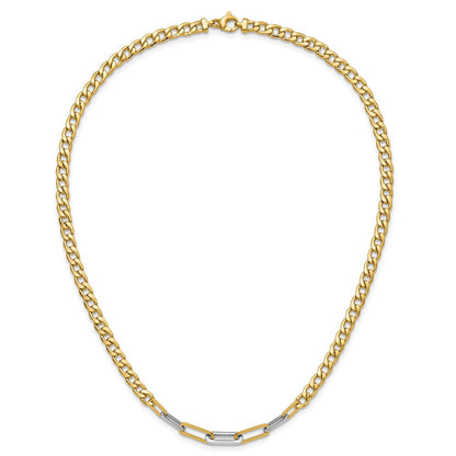 14K Yellow & Rhodium White Rh Polished Curb And Paperclip Link Necklace