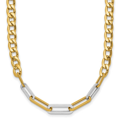 14K Yellow & Rhodium White Rh Polished Curb And Paperclip Link Necklace