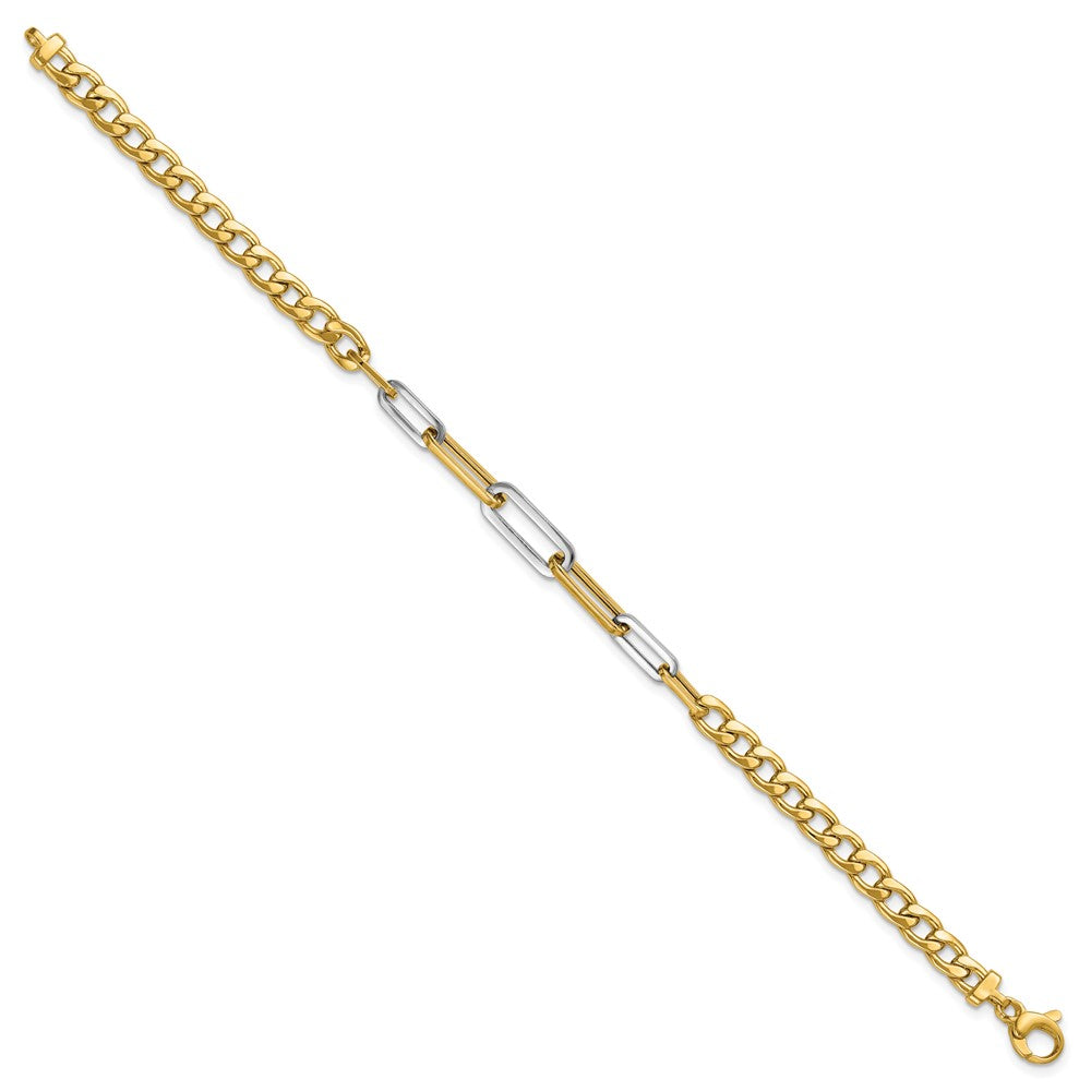 14K Yellow & Rhodium White Polished Curb And Paperclip Link Bracelet