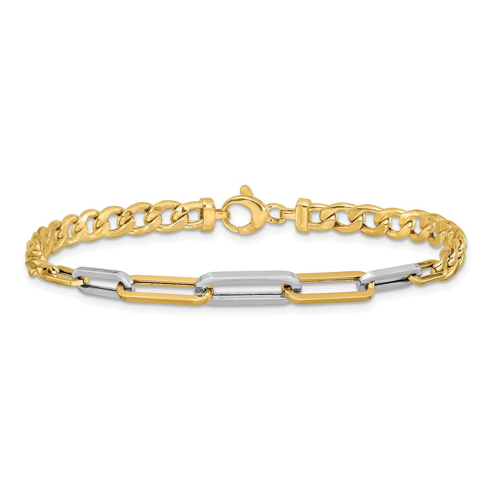 14K Yellow & Rhodium White Polished Curb And Paperclip Link Bracelet