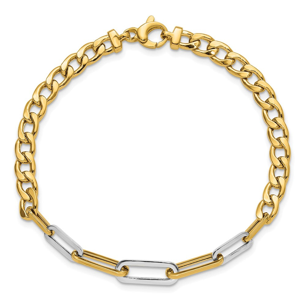 14K Yellow & Rhodium White Polished Curb And Paperclip Link Bracelet