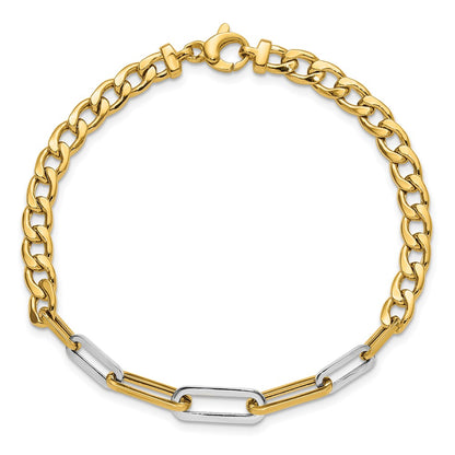 14K Yellow & Rhodium White Polished Curb And Paperclip Link Bracelet