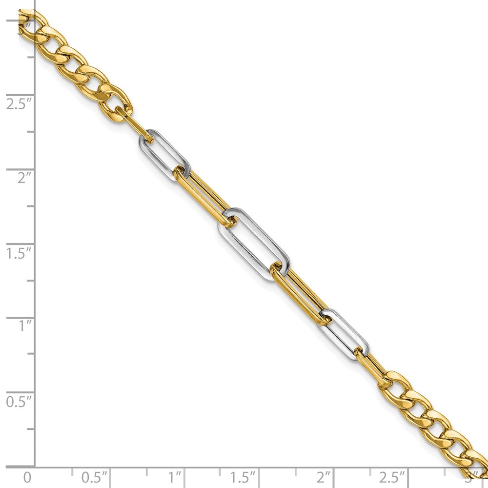 14K Yellow & Rhodium White Polished Curb And Paperclip Link Bracelet