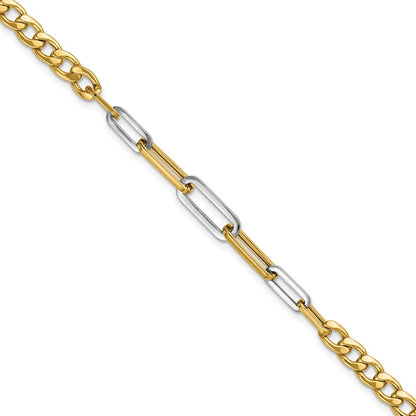 14K Yellow & Rhodium White Polished Curb And Paperclip Link Bracelet