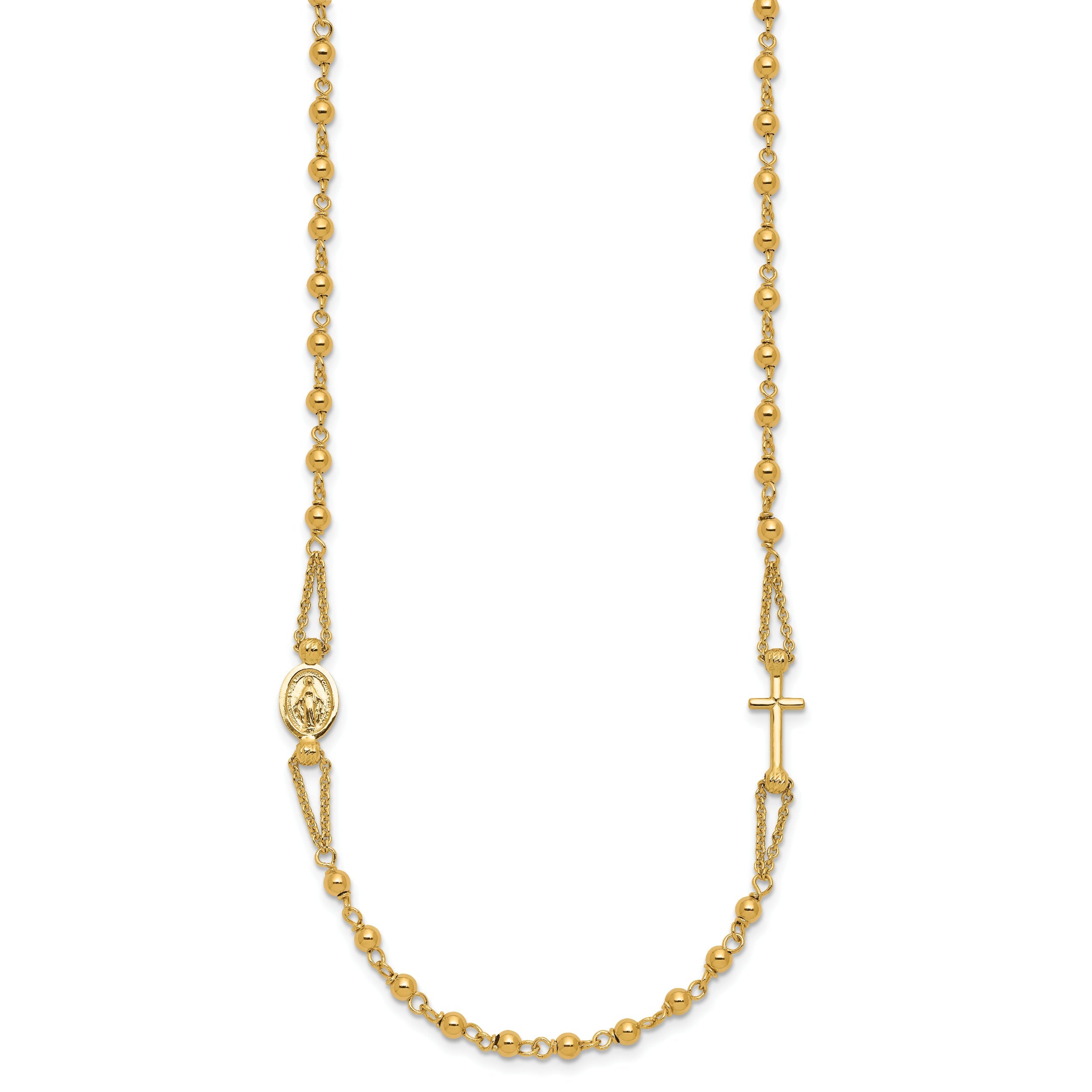 14K Yellow Gold Polish/Dia Cut/Beaded Religious Rosary Style Necklace