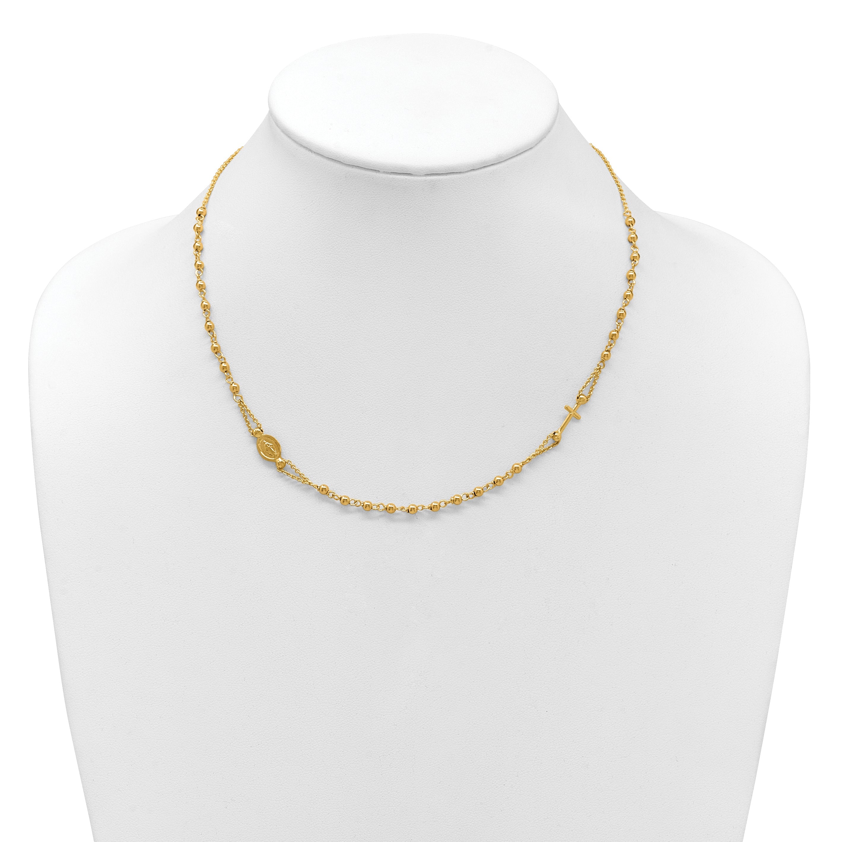 14K Yellow Gold Polish/Dia Cut/Beaded Religious Rosary Style Necklace