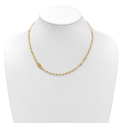 14K Yellow Gold Polish/Dia Cut/Beaded Religious Rosary Style Necklace