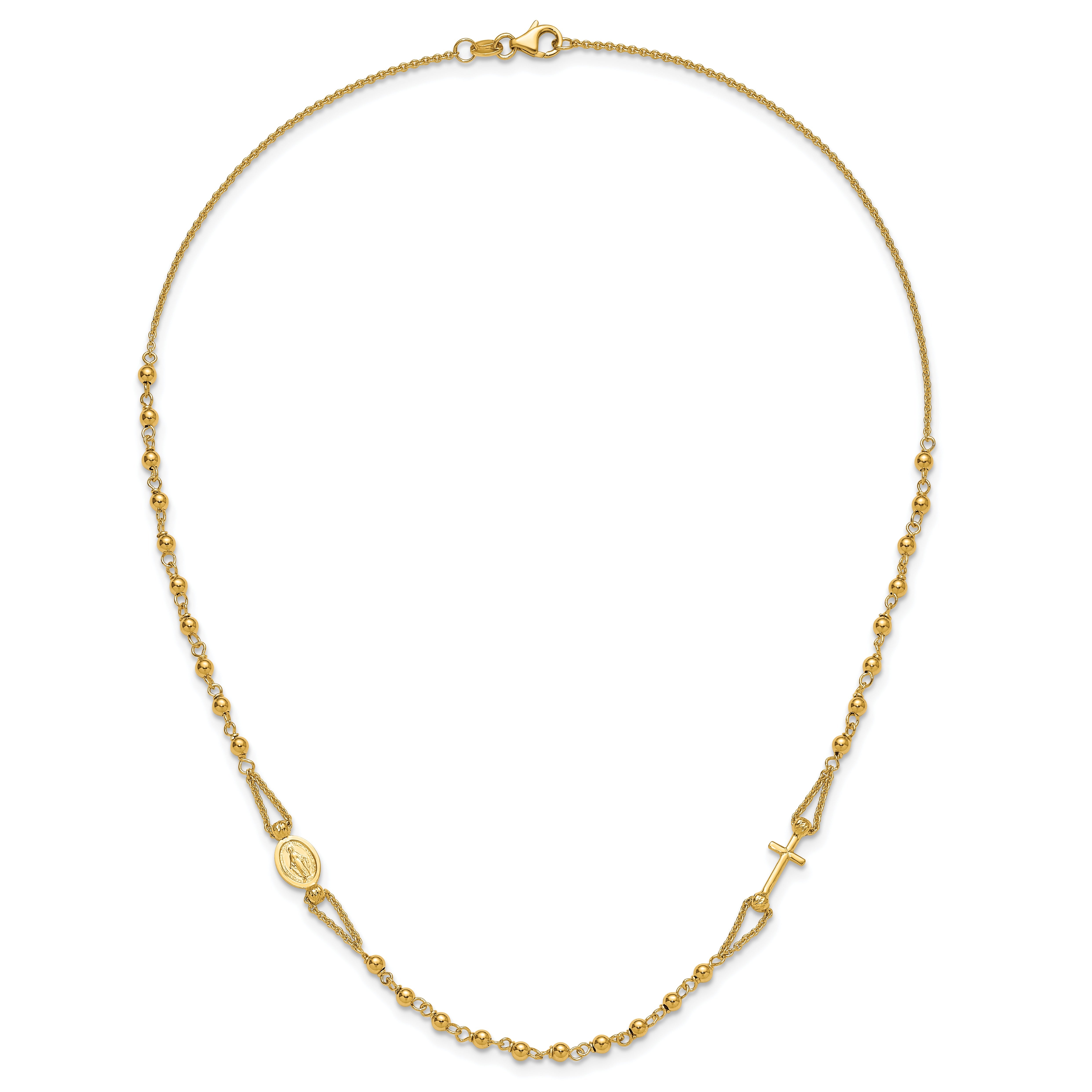14K Yellow Gold Polish/Dia Cut/Beaded Religious Rosary Style Necklace