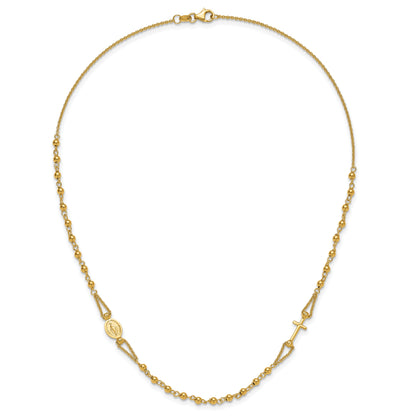 14K Yellow Gold Polish/Dia Cut/Beaded Religious Rosary Style Necklace