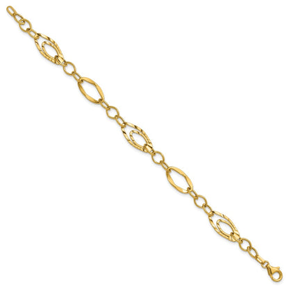 14K Yellow Gold Polished And Wavy Textured Fancy Link Bracelet