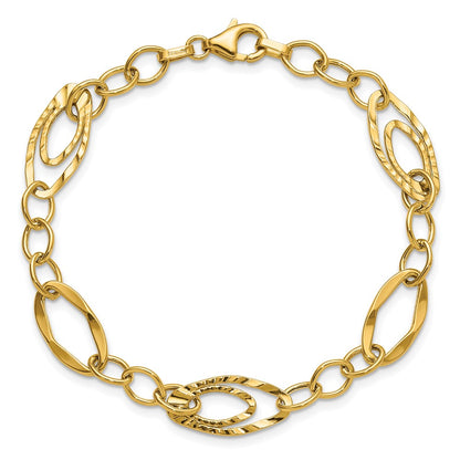 14K Yellow Gold Polished And Wavy Textured Fancy Link Bracelet